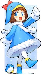 Rule 34 | 1girl, :d, animal, bachera, bird, blue dress, blue eyes, blue footwear, blue hat, blush, brown hair, commentary request, dress, ecoco, ekokuice, full body, fur-trimmed dress, fur-trimmed sleeves, fur trim, hat, highres, long sleeves, looking at viewer, mittens, open mouth, outstretched arm, pantyhose, penguin, penguin hat, scarf, shoe soles, shoes, smile, solo, walking, white mittens, white pantyhose, white scarf