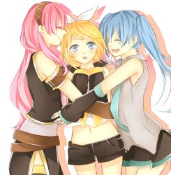 Rule 34 | 3girls, :d, :o, age difference, aqua hair, armband, bad id, bad pixiv id, belt, black shorts, black skirt, blonde hair, blue eyes, blush, child, closed eyes, collared shirt, detached sleeves, female focus, friends, girl sandwich, group hug, hair ornament, hair ribbon, hairband, hairclip, hatsune miku, height difference, hug, kagamine rin, legs, long hair, long skirt, megurine luka, midriff, multiple girls, navel, necktie, onee-loli, open mouth, pink hair, pleated skirt, prin dog, ribbon, round teeth, sandwiched, shirt, short hair, short shorts, shorts, shy, side slit, simple background, skirt, sleeveless, sleeveless shirt, smile, standing, teeth, thighhighs, twintails, vocaloid, yuri