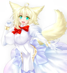 Rule 34 | 1girl, :3, :d, absurdres, ahoge, animal ears, blonde hair, breasts, commentary request, covered navel, dress, fang, gloves, green eyes, hair between eyes, highres, large breasts, long sleeves, looking at viewer, minarai tenna, neck ribbon, open mouth, original, red ribbon, ribbon, short hair, smile, solo, standing, tail, white background, white dress, white gloves