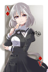 Rule 34 | 1girl, artist name, assault lily, black ribbon, black skirt, border, breasts, buttons, card, closed mouth, commentary request, cowboy shot, cropped jacket, diamond (shape), gradient background, grey background, grey hair, hair between eyes, hand on own elbow, hands up, hata matsuri, high-waist skirt, holding, holding card, juliet sleeves, light particles, light smile, long sleeves, looking at viewer, medium breasts, medium hair, neck ribbon, outside border, playing card, puffy sleeves, purple eyes, ribbon, rounded corners, school uniform, shadow, shirt, signature, skirt, solo, standing, urutsu sahari, white border, white shirt, yurigaoka girls academy school uniform