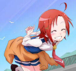 Rule 34 | 10s, 1girl, ahoge, bad id, bad pixiv id, bird, day, closed eyes, grin, hair down, hair ornament, hairclip, hino akane (smile precure!), leaning forward, necktie, precure, red hair, school uniform, shigeohji, sky, sleeves rolled up, smile, smile precure!, solo, tears