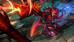 Rule 34 | 1girl, asymmetrical legwear, belt, black gloves, black jacket, black shorts, boots, braid, braided ponytail, chain, eyepatch, gloves, glowing, gun, hair horns, highres, holding, holding gun, holding weapon, jacket, league of legends, long hair, looking at viewer, mismatched legwear, official art, open clothes, open jacket, red eyes, red hair, red jacket, red lips, samira, shorts, smile, soul fighter samira, thighhighs, weapon, weapon on back