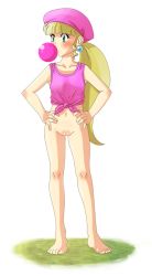Rule 34 | 1girl, ape, barefoot, beret, blonde hair, bottomless, chewing gum, dixie kong, donkey kong (series), donkey kong country, earrings, feet, green eyes, hat, jewelry, navel, nintendo, outdoors, oyatsu (mk2), personification, ponytail, pussy, shirt, solo, tank top, tied shirt, toes