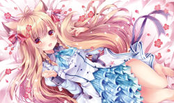 Rule 34 | 1girl, :d, animal ears, arms at sides, barefoot, bed sheet, blonde hair, blush, braid, breasts, dress, flower, fox ears, fox girl, fox tail, from above, hand up, knee up, large breasts, layered dress, long hair, looking at viewer, lying, mito kohaku, nogi takayoshi, on back, open mouth, red eyes, red flower, school uniform, single braid, smile, solo, tail, tayutama 2, toes