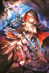 Rule 34 | 1girl, arch, armlet, black cape, black gloves, breasts, cape, chain chronicle, cleavage, gloves, gold trim, holding, holding staff, hood, hooded cape, indoors, large breasts, looking at viewer, midriff, navel, one eye closed, red eyes, revealing clothes, staff, thighhighs, yuzuki mia