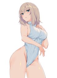 Rule 34 | 1girl, bare arms, bare shoulders, blue eyes, breasts, commentary request, covered navel, cowboy shot, embarrassed, girls und panzer, grey hair, groin, highleg, highleg leotard, highres, icomochi, itsumi erika, large breasts, leotard, looking at viewer, medium hair, meme attire, parted lips, ribbed leotard, ribbed sweater, simple background, sleeveless, sleeveless turtleneck, solo, sweater, thighs, turtleneck, heattech leotard, white background