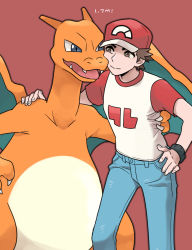 Rule 34 | 1boy, bad id, bad pixiv id, baseball cap, blue pants, brown eyes, brown hair, charizard, closed mouth, commentary request, creatures (company), game freak, gen 1 pokemon, hand on own hip, hat, highres, male focus, nintendo, pants, pokemon, pokemon (creature), pokemon sm, pumpkinpan, red (pokemon), red headwear, red shirt, shirt, short hair, short sleeves, t-shirt
