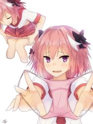 Rule 34 | 1boy, astolfo (fate), astolfo (sailor paladin) (fate), bad id, bad pixiv id, blouse, blush, braid, fang, fang out, fate/apocrypha, fate/grand order, fate (series), foreshortening, hair intakes, hair ribbon, highres, holding, holding clothes, holding panties, holding underwear, long hair, looking at viewer, male focus, midriff peek, miniskirt, multiple views, official alternate costume, open mouth, panties, pink hair, presenting removed panties, pulling own clothes, purple eyes, ramchi, removing panties, ribbon, school uniform, shirt, simple background, single braid, skin fang, skirt, smile, trap, underwear, undressing, white background, white shirt