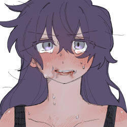 Rule 34 | 1girl, blood, blood from mouth, blush, colored eyelashes, crying, crying with eyes open, grey eyes, long hair, looking at viewer, original, parted lips, purple hair, rata (norahasu), simple background, solo, sweat, tears, upper body, white background