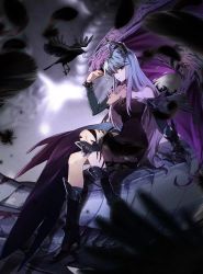 Rule 34 | 1girl, ahoge, bare shoulders, bird, black feathers, boots, cover, cover page, crow, dark background, douluo dalu, dragon wings, feathers, full body, gauntlets, hei zhi shi, high heels, highres, long hair, multicolored hair, official art, sitting, solo, tattoo, third-party source, wang qiu er (douluo dalu), wings