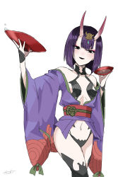 Rule 34 | 1girl, alcohol, bare shoulders, bob cut, breasts, bridal gauntlets, collarbone, cup, eyeliner, fate/grand order, fate (series), headpiece, highres, horns, japanese clothes, kimono, long sleeves, looking at viewer, makeup, navel, obi, off shoulder, oni, open mouth, purple eyes, purple hair, purple kimono, revealing clothes, sakazuki, sake, sash, short hair, shuten douji (fate), skin-covered horns, small breasts, smile, thighs, tsu ki2, wide sleeves