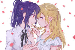 Rule 34 | 2girls, bang dream!, black neckwear, blonde hair, blue eyes, center frills, collared shirt, commentary request, confetti, dress shirt, frills, half updo, hand in another&#039;s hair, hand on another&#039;s chest, holding hands, karuha, long hair, looking at another, multiple girls, neck ribbon, ponytail, purple hair, red eyes, ribbon, seta kaoru, shirasagi chisato, shirt, sidelocks, smile, upper body, white background, white shirt, yuri