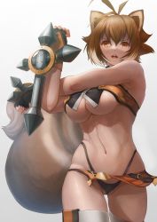 Rule 34 | 1girl, abs, absurdres, animal ears, antenna hair, armpits, bare shoulders, black gloves, black panties, black shorts, blazblue, breasts, brown eyes, brown hair, cameltoe, clenched hands, commentary, cowboy shot, crop top, dai toro, dual wielding, fingerless gloves, gloves, groin, hair between eyes, hand up, highleg, highleg panties, highres, holding, large breasts, looking at viewer, makoto nanaya, multicolored hair, navel, no bra, open mouth, orange shirt, orange skirt, panties, partially visible vulva, revealing clothes, shirt, short hair, shorts, sidelocks, simple background, skindentation, skirt, sleeveless, sleeveless shirt, solo, squirrel ears, squirrel girl, squirrel tail, stomach, stretching, tail, teeth, thighhighs, thong, tonfa, two-tone hair, underboob, underwear, upper teeth only, weapon, white background, white thighhighs