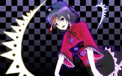 Rule 34 | 1girl, bags under eyes, black hair, checkered background, chinese clothes, dutch angle, female focus, gayprince, grey eyes, hat, highres, jiangshi, miyako yoshika, ofuda, open mouth, outstretched arms, pale skin, short hair, solo, star (symbol), touhou, zombie pose
