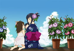 Rule 34 | 00s, 2girls, bad id, bad pixiv id, barefoot, black hair, bow, brown hair, character request, child, cloud, day, dress, floral print, flower, from behind, hair flower, hair ornament, hair up, japanese clothes, kimono, kneeling, mako (macomaco7), morning glory, morning glory print, multiple girls, obi, plant, potted plant, sash, shinohara natsuki, sitting, summer wars, sundress