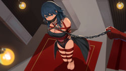 Rule 34 | 2girls, absurdres, alternate costume, barefoot, bdsm, blue eyes, blue hair, bondage, bound, breasts, byleth (female) (fire emblem), byleth (fire emblem), chain, chain leash, cleavage, cloth gag, collar, crotch rope, dancer (fire emblem: three houses), edelgard von hresvelg, fire emblem, fire emblem: three houses, gag, gagged, gloves, highres, improvised gag, large breasts, leash, long hair, looking at viewer, multiple girls, nintendo, over the mouth gag, rainnear, red gloves, slave, viewer holding leash