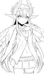 Rule 34 | 1girl, breasts, circe (fate), fate/grand order, fate (series), feathered wings, greyscale, head wings, jewelry, long hair, looking at viewer, monochrome, pointy ears, shiseki hirame, simple background, skirt, smile, solo, white background, wings