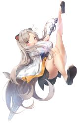 Rule 34 | 1girl, absurdres, animal ears, black kimono, blade &amp; soul, brown eyes, brown hair, cat ears, convenient leg, full body, highres, incoming attack, japanese clothes, jumping, keibeam, kimono, leg up, legs, long hair, looking at viewer, lyn (blade &amp; soul), open mouth, robe, sandals, short kimono, shouting, simple background, solo, thighs, toes, very long hair, white background, white robe
