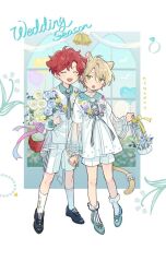 Rule 34 | 2boys, aged down, amagi hiiro, animal ears, balloon, bell, bird, blonde hair, border, bouquet, bow, cage, cat boy, cat ears, cat tail, child, choker, closed eyes, collared shirt, commentary, dog boy, dog ears, dog tail, ensemble stars!, flower, full body, green eyes, heart balloon, holding, holding bouquet, holding cage, holding hands, jewelry, long sleeves, male focus, multiple boys, open mouth, outside border, red hair, ring, seuga, shiratori aira (ensemble stars!), shirt, short hair, shorts, socks, tail, white border, white socks, window, yellow bow