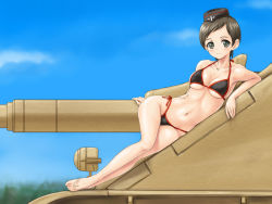 Rule 34 | 10s, 1girl, arm support, bare shoulders, barefoot, bikini, black bikini, blue eyes, breasts, brown hair, cleavage, day, extra, garrison cap, girls und panzer, green eyes, hat, highres, jagdpanther, looking at viewer, lying, medium breasts, military, military vehicle, motor vehicle, navel, on side, on vehicle, rasukaru, ritaiko (girls und panzer), short hair, side-tie bikini bottom, sky, solo, swimsuit, tank, tank destroyer, underboob, vehicle