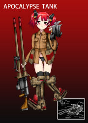 Rule 34 | 1girl, absurdres, apocalypse tank, black panties, blush, closed mouth, command and conquer, english text, enpa arashi, gun, highres, light smile, looking at viewer, mecha musume, military, military vehicle, motor vehicle, panties, personification, red alert 2, red background, red eyes, red hair, screenshot inset, shirt, simple background, smile, tank, twintails, underwear, weapon