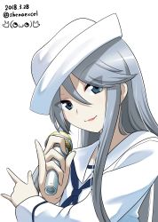 Rule 34 | 10s, 1girl, \n/, absurdres, artist name, blouse, blue eyes, blue neckerchief, commentary request, dated, dixie cup hat, flint (girls und panzer), girls und panzer, hat, head tilt, highres, holding, holding microphone, long hair, long sleeves, looking at viewer, m/, microphone, military hat, neckerchief, one-hour drawing challenge, ooarai naval school uniform, parted lips, pinky out, sailor, sailor collar, school uniform, shiina excel, shirt, signature, silver hair, simple background, smile, solo, twitter username, white background, white hat, white shirt
