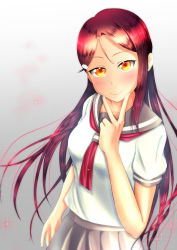 Rule 34 | 1girl, artist name, artist request, blush, breasts, brown eyes, brown hair, close-up, collarbone, collared shirt, female focus, grey sailor collar, grey skirt, hair between eyes, hair ornament, hair over shoulder, hairclip, half updo, highres, long hair, looking at viewer, love live!, love live! sunshine!!, masa sevenred, masakazu yamato, masakazu yamato (masa sevenred), miniskirt, neckerchief, necktie, orange eyes, parted lips, plaid, plaid skirt, pleated, pleated skirt, red hair, red neckerchief, sailor collar, sakurauchi riko, school uniform, shirt, short sleeves, skirt, small breasts, smile, solo, tie clip, upper body, uranohoshi school uniform, v, white background, white shirt, yamato masakazu, yellow eyes