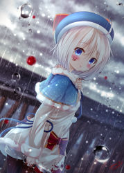 Rule 34 | .live, 1girl, animal ears, beret, black pantyhose, blood, blood on clothes, blood on face, bloody knife, blue capelet, blue eyes, blue hat, blurry, blurry background, capelet, chinomaron, cloud, cloudy sky, commentary request, dennou shoujo siro, depth of field, dress, fur-trimmed capelet, fur-trimmed dress, fur-trimmed sleeves, fur trim, hair between eyes, hat, highres, holding, holding knife, knife, long sleeves, looking at viewer, looking back, outdoors, overcast, pantyhose, parted lips, railing, rain, short shorts, shorts, signature, silver hair, sky, solo, virtual youtuber, water drop, white dress, white shorts