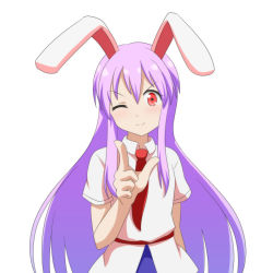 Rule 34 | 1girl, ;3, animal ears, arm behind back, arm up, blue skirt, cato (monocatienus), cowboy shot, finger gun, furrowed brow, hair between eyes, head tilt, light purple hair, long hair, necktie, one eye closed, pointing, pointing at viewer, rabbit ears, red eyes, red necktie, reisen udongein inaba, shirt, short sleeves, sidelocks, simple background, skirt, solo, standing, touhou, untucked shirt, very long hair, white background, white shirt
