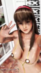Rule 34 | 1girl, 3d, animated, blowing kiss, blue eyes, breasts, brown hair, cleavage, dead or alive, highres, hitomi (doa), interior, large breasts, legs, long hair, looking at viewer, navel, open mouth, puckered lips, slingshot swimsuit, smile, solo, swimsuit, tagme, thighs, v, video, virtuablueam2