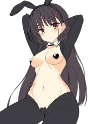 Rule 34 | 1girl, animal ears, aria (koiiroharemoyou), arms behind back, black hair, black pantyhose, blush, breasts, cafe stella to shinigami no chou, closed mouth, collar, commentary request, curvy, detached collar, earrings, eyelashes, eyes visible through hair, fake animal ears, from below, frown, groin, hair between eyes, hair ornament, hairclip, heart pasties, highres, jewelry, leotard, long hair, long sleeves, looking at viewer, looking down, medium breasts, meme attire, mole, mole under eye, navel, pantyhose, pasties, playboy bunny, rabbit ears, reverse bunnysuit, reverse outfit, shiki natsume, shy, sidelocks, simple background, sketch, solo, stomach, straight hair, stud earrings, sweatdrop, very long hair, white background, white collar, yellow eyes