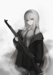 Rule 34 | 1girl, closed mouth, cowboy shot, dress shirt, expressionless, girls&#039; frontline, grey eyes, grey hair, greyscale, gun, gyup91, hair between eyes, highres, holding, holding gun, holding weapon, long hair, looking at viewer, m1 garand, m1 garand (girls&#039; frontline), monochrome, necktie, rifle, shirt, solo, suspenders, very long hair, weapon