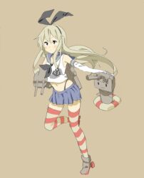 Rule 34 | 1girl, bare shoulders, black hairband, black panties, blonde hair, blue sailor collar, blue skirt, brown background, brown footwear, closed mouth, cropped shirt, dot mouth, dot nose, elbow gloves, full body, gloves, grey eyes, hairband, highleg, highleg panties, highres, holding, holding weapon, horizontal-striped thighhighs, kantai collection, lifebuoy, long hair, midriff, miniskirt, miyachi, navel, panties, pleated skirt, sailor collar, school uniform, serafuku, shimakaze (kancolle), shirt, simple background, skirt, solo, standing, standing on one leg, swim ring, underwear, weapon, white gloves, white shirt