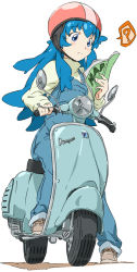Rule 34 | 10s, 1girl, ?, blue eyes, blue hair, driving, english text, full body, happinesscharge precure!, helmet, long hair, map, matching hair/eyes, motor vehicle, motorcycle, overalls, precure, scooter, shirayuki hime, shoes, simple background, solo, spoken question mark, umanosuke, vehicle, vespa, white background