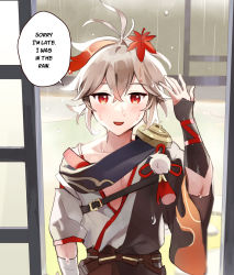 Rule 34 | 1boy, absurdres, blush, english text, genshin impact, grey hair, highres, itsme takk, japanese clothes, kaedehara kazuha, looking at viewer, male focus, multicolored hair, open mouth, red eyes, red hair, smile, solo, speech bubble, streaked hair