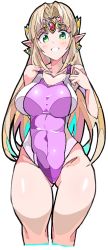 Rule 34 | 1girl, blonde hair, competition swimsuit, earrings, enpe, green eyes, highres, jewelry, long hair, looking at viewer, nintendo, one-piece swimsuit, princess zelda, simple background, solo, swimsuit, the legend of zelda, white background
