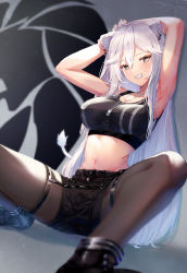 Rule 34 | 1girl, animal ears, armpits, arms up, bare arms, black footwear, black pantyhose, black shorts, black tank top, blurry, blurry foreground, breasts, collarbone, commentary request, crop top, ear piercing, foreshortening, grey eyes, grin, highres, hololive, jewelry, kinoko (shikimylove), large breasts, lion ears, lion tail, long hair, looking at viewer, midriff, navel, necklace, pantyhose, piercing, shadow, shishiro botan, shishiro botan (button-down), shorts, sitting, smile, solo, tail, tank top, thigh strap, virtual youtuber, white hair