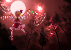 Rule 34 | 1girl, absurdres, ascot, blonde hair, bobby socks, flandre scarlet, frilled skirt, frills, from below, full body, furafuraflanchan, glowing, glowing wings, highres, laevatein (touhou), looking at viewer, mary janes, moon, multicolored wings, one side up, outdoors, red eyes, red footwear, red moon, red skirt, red theme, red vest, shirt, shoes, skirt, socks, solo, touhou, vest, white headwear, white shirt, white socks, wings, yellow ascot