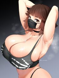 Rule 34 | 1girl, armpits, arms behind head, breasts, brown eyes, brown hair, character request, cleavage, highres, huge breasts, jewelry, looking at viewer, lulu-chan92, midriff, navel, necklace, short hair, solo, sweat, tank top, thong