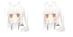 Rule 34 | ..., 1girl, :t, afterimage, animal ears, arknights, blush, brown eyes, closed mouth, commentary request, cropped torso, ear wiggle, female focus, horse ears, jacket, long hair, looking at viewer, multiple views, platinum (arknights), ponytail, pout, signature, simple background, to (tow curiosity ), upper body, v-shaped eyebrows, white background, white hair, white jacket