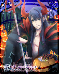Rule 34 | 00s, 1boy, abs, bad id, bad pixiv id, black eyes, black hair, candy, coat, food, gloves, halloween, horns, jack-o&#039;-lantern, kenta (4015819), long hair, male focus, official alternate costume, polearm, pumpkin, sitting, smile, solo, tales of (series), tales of vesperia, trick or treat, trident, weapon, wrapped candy, yuri lowell