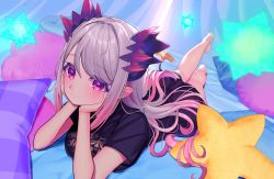 Rule 34 | 1girl, nanashi inc., absurdres, arm support, bed, breasts, closed mouth, foreshortening, futayamam2, gradient hair, grey hair, hair intakes, hands on own face, heart, heart-shaped pillow, highres, honey strap, horns, large breasts, long hair, looking at viewer, lying, multicolored hair, on bed, on stomach, pillow, pink eyes, pink hair, pointy ears, shirt, short sleeves, sidelocks, smile, solo, star-shaped pillow, suou patra, swept bangs, t-shirt, tail, virtual youtuber