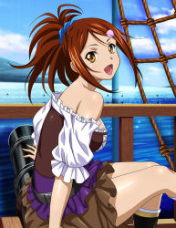 Rule 34 | 1girl, :d, bachou mouki, black footwear, blue scrunchie, blue sky, boots, brown eyes, brown hair, brown skirt, bustier, day, floating hair, from side, hair ornament, hair scrunchie, hairclip, ikkitousen, long hair, looking at viewer, miniskirt, ocean, off-shoulder shirt, off shoulder, open mouth, outdoors, pirate costume, ponytail, scrunchie, shirt, sitting, skirt, sky, smile, solo, swept bangs, white shirt