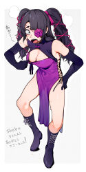 Rule 34 | 1girl, absurdres, adjusting clothes, black eyes, black hair, blunt bangs, boots, breasts, dress, elbow gloves, eyepatch, flower, full body, gloves, highres, medium breasts, open mouth, original, purple dress, purple flower, purple rose, rose, sharp teeth, st (youx1119), standing, sweat, teeth, twintails