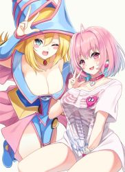 Rule 34 | 2girls, ahoge, bangle, bare shoulders, between legs, blue dress, blue footwear, blue hair, blue headwear, blush, blush stickers, bracelet, breasts, cleavage, collar, collarbone, crossover, dark magician girl, detached sleeves, dress, earrings, fang, frills, gem, green eyes, hair between eyes, hair intakes, hand between legs, hand up, hanging breasts, hat, heart, heart-shaped lock, heart on chest, highres, idolmaster, idolmaster cinderella girls, igayan, jewelry, large breasts, long hair, looking at viewer, miniskirt, multicolored hair, multiple girls, one eye closed, open mouth, pentagram, pill earrings, pink collar, pink eyes, pink hair, pink skirt, pink wristband, shirt, short hair, short sleeves, simple background, skeleton print, skirt, smile, t-shirt, tareme, thighs, tongue, two-tone hair, w, white background, white frills, white shirt, wizard hat, yu-gi-oh!, yumemi riamu