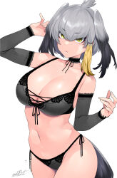 Rule 34 | 1girl, arm up, bare arms, bare shoulders, bird tail, black hair, blonde hair, bra, breasts, cleavage, collarbone, commentary, cowboy shot, detached sleeves, expressionless, front-tie bra, green eyes, grey bra, grey hair, grey panties, hair between eyes, happa (cloverppd), head wings, highres, kemono friends, lace, lace-trimmed bra, lace-trimmed panties, lace trim, large breasts, lingerie, long sleeves, looking at viewer, multicolored hair, navel, panties, shoebill (kemono friends), side-tie panties, signature, simple background, single sidelock, solo, stomach, tail, underwear, underwear only, white background, wings