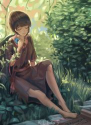 Rule 34 | 1girl, artist name, brown dress, brown hair, closed eyes, closed mouth, commentary, day, dress, english commentary, flower, grass, highres, holding, holding flower, jewelry, klegsart, knee up, leaf, necklace, original, outdoors, short hair, sitting, smile, solo, sunlight, wide sleeves