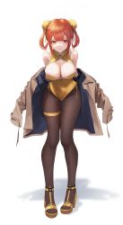 Rule 34 | 1girl, absurdres, bare shoulders, breasts, brown jacket, brown pantyhose, bun cover, cleavage, double bun, hair bun, hair rings, high heels, highres, jacket, large breasts, leaning forward, leotard, leviathan (hikinito0902), long hair, long sleeves, looking at viewer, off shoulder, open clothes, open jacket, orange eyes, orange hair, original, pantyhose, shoes, sidelocks, simple background, skindentation, smile, solo, standing, thigh strap, twintails, white background, yellow footwear, yellow leotard