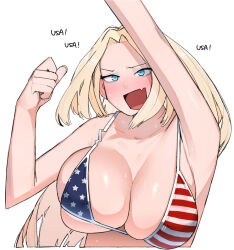 Rule 34 | 1girl, america (ohasi), american flag, american flag print, bare arms, bare shoulders, bikini, blonde hair, blue eyes, blush, bouncing breasts, breasts, cleavage, collarbone, commentary, english text, flag print, large breasts, long hair, ohasi, open mouth, original, parted bangs, raised fist, shiny skin, solo, striped bodysuit, sweat, swimsuit, symbol-only commentary, upper body