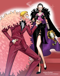 Rule 34 | 1boy, 1girl, bare legs, black bow, black bowtie, black coat, black dress, black hair, blonde hair, bow, bowtie, cigar, closed eyes, clothing cutout, coat, crocodile (one piece), donquixote doflamingo, dress, e mouth69, earrings, english text, feather coat, fishnet armwear, formal, fur trim, genderswap, genderswap (mtf), hand in pocket, highres, hook hand, jewelry, leg cutout, looking at another, one piece, pants, pink coat, red pants, red suit, scar, scar on face, short hair, sleeveless, sleeveless dress, smile, smoke, smoking, suit, sunglasses